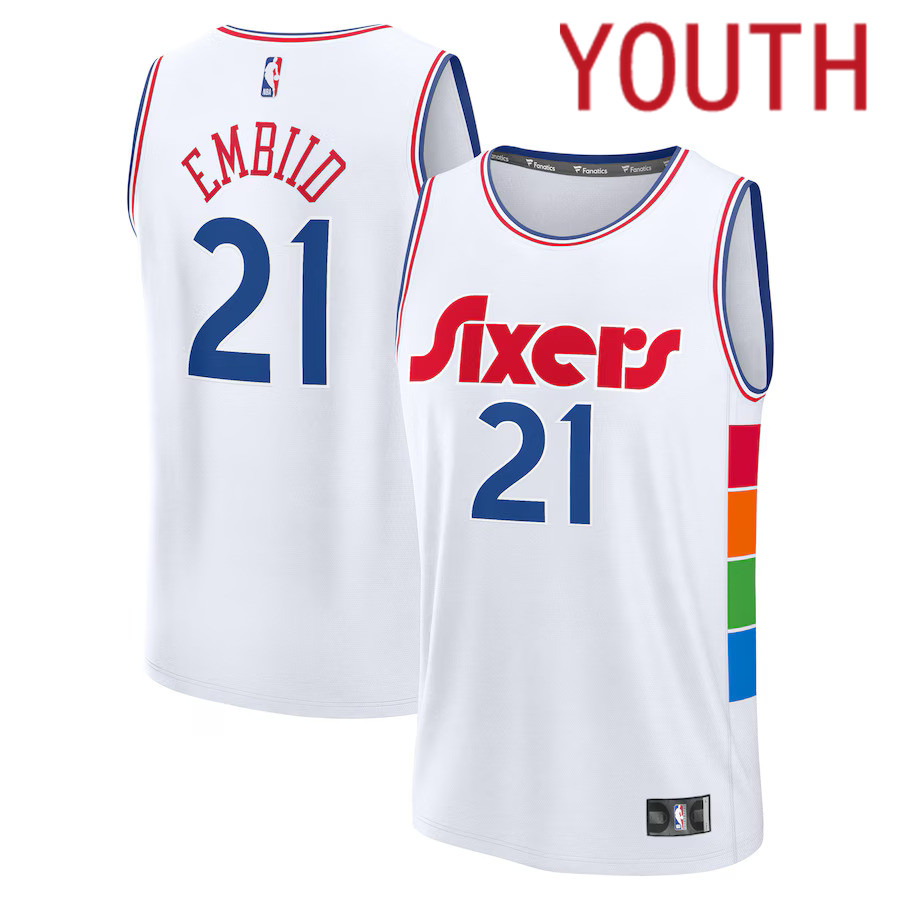 Youth Philadelphia 76ers #21 Joel Embiid Fanatics White City Edition 2024-25 Fast Break Player NBA Jersey->youth nba jersey->Youth Jersey
